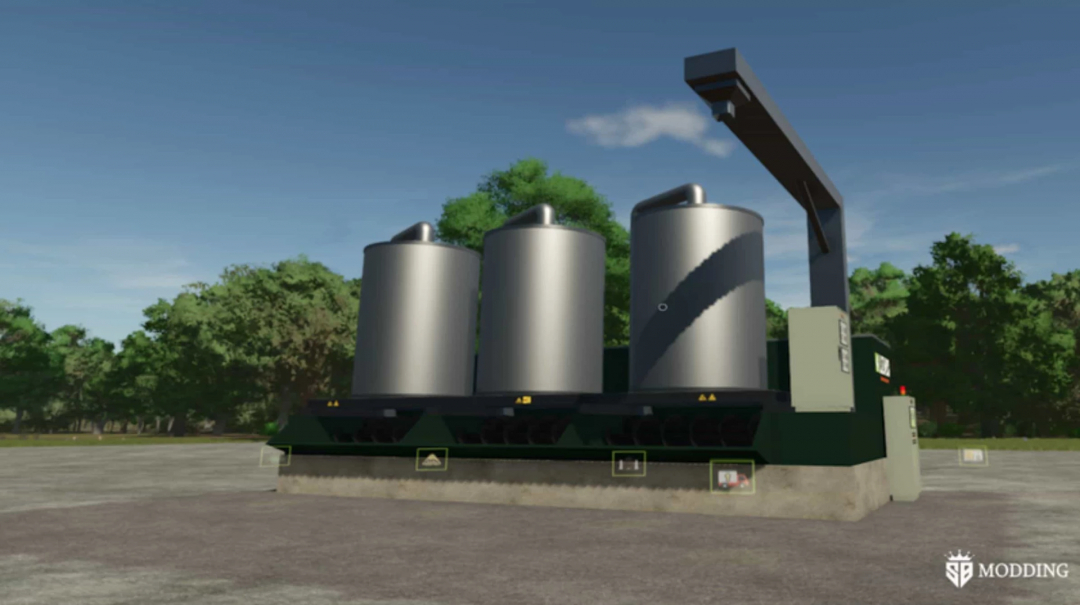 Feed Mix System mod in FS25 with three large silos and loading arm, set in countryside.