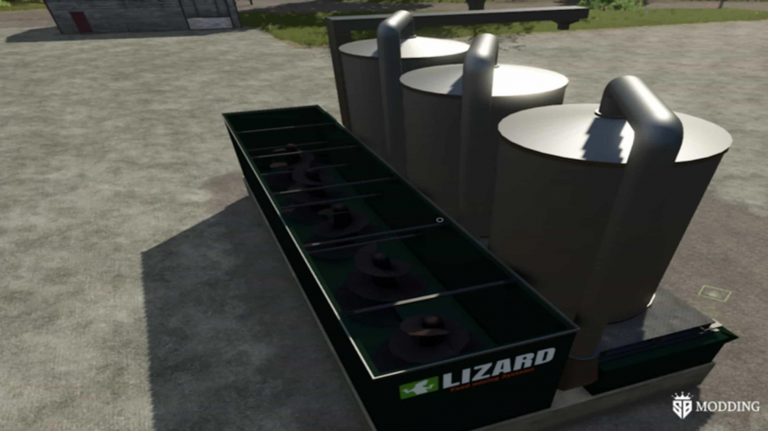 Feed Mix System v1.0.0.1 mod for FS25, showing a Lizard brand machinery with silos and mixing unit.