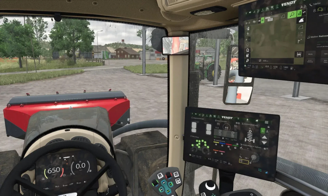 Wnętrze Fendt 900 Dark Screen w Farming Simulator 25, pokazujące deskę rozdzielczą i sterowanie.