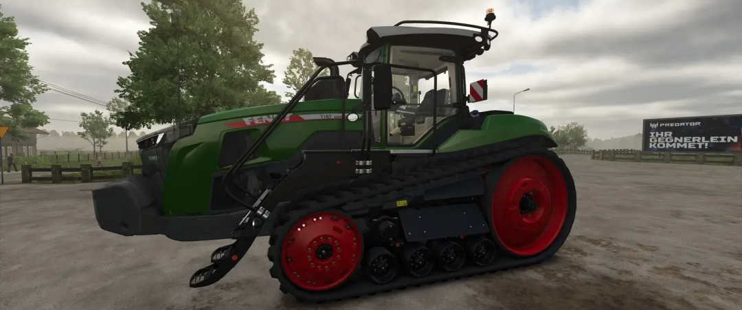 Fendt Pack v1.6.0.0 tractor mod in FS25 with tracks and red wheels, set in a rural farm environment.