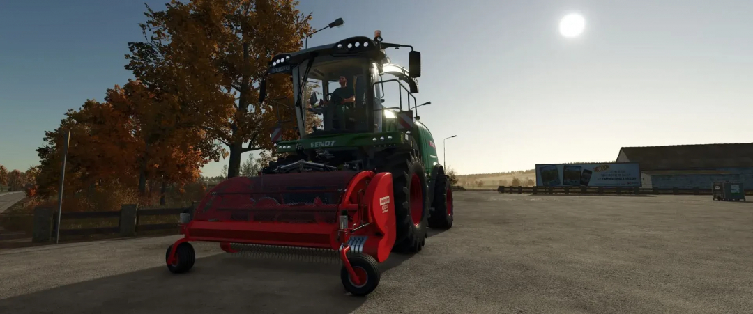 Trattore Fendt con mod mietitrice rossa in FS25, scena autunnale.