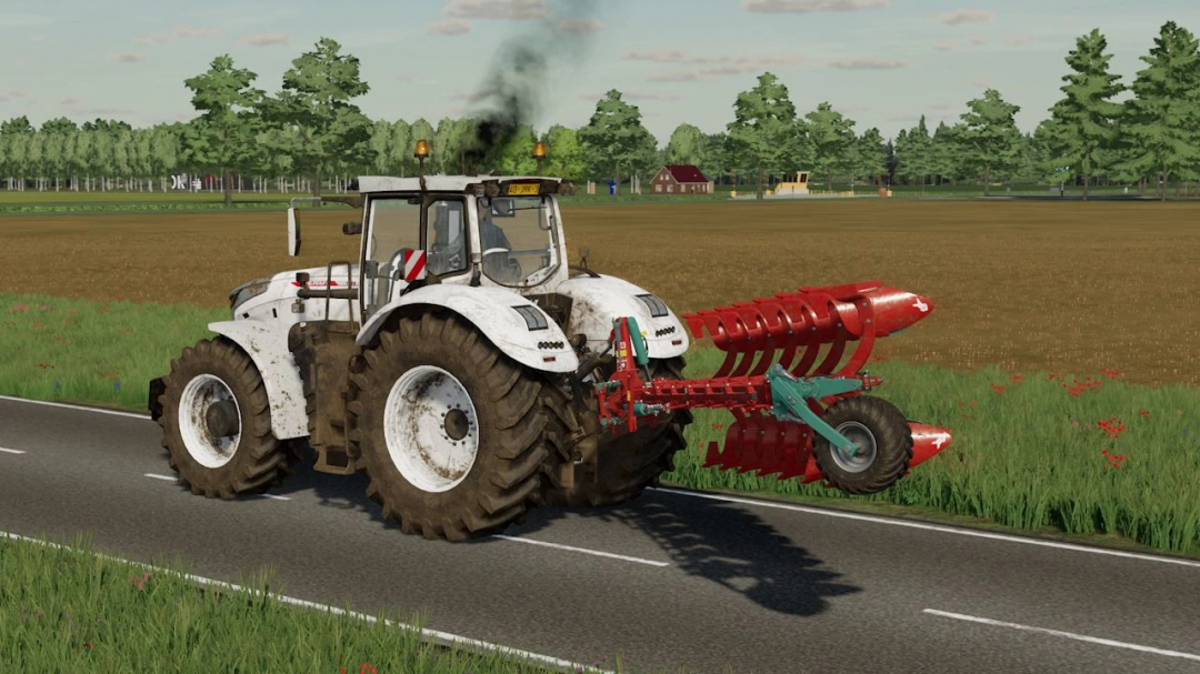 Mod traktora Fendt Vario 1000 Snow White w FS22, białe wzornictwo i czerwona pług na wiejskiej drodze.