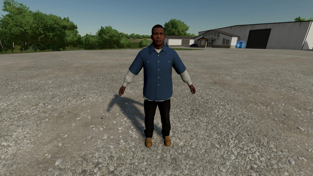 FS22 mod GTA V Trio showing character on gravel area with farm structure in background.