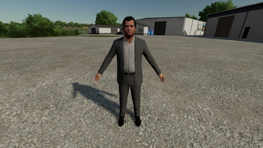 FS22 mod GTA V Trio v1.0.0.0 features a character in a suit standing on gravel near buildings.