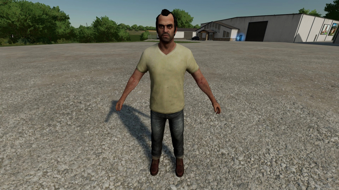 Character mod for FS22, GTA V Trio v1.0.0.0 in Farming Simulator 22, showcasing a male figure standing in a farm environment.