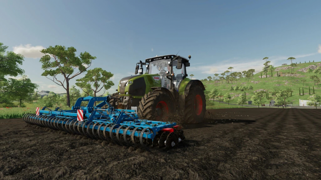 FS22 mod Gorenc Grinder 600 attached to a tractor working in a field, enhancing Farming Simulator 22 gameplay.