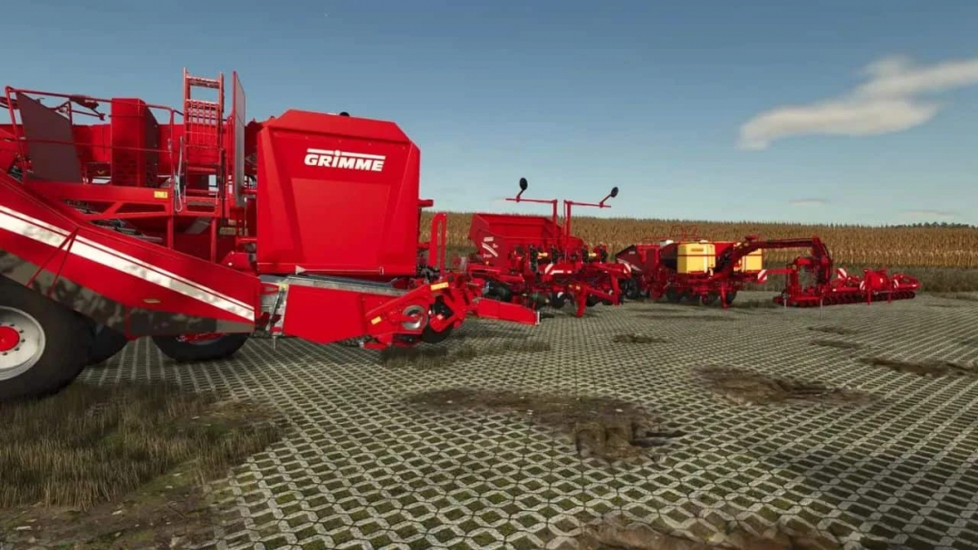 Grimme Pack Multifruits v1.0.0.0 mod in FS25, featuring red farming equipment on a paved surface.