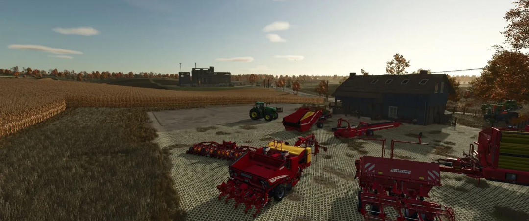 Farming Simulator 25 Grimme Pack v1.1.0.0 showcasing farming equipment and tools in a field setting.