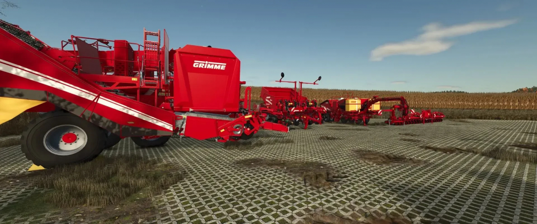 FS25 Grimme Pack v1.1.0.0 mod showcasing red farming machinery on a grid-patterned field.