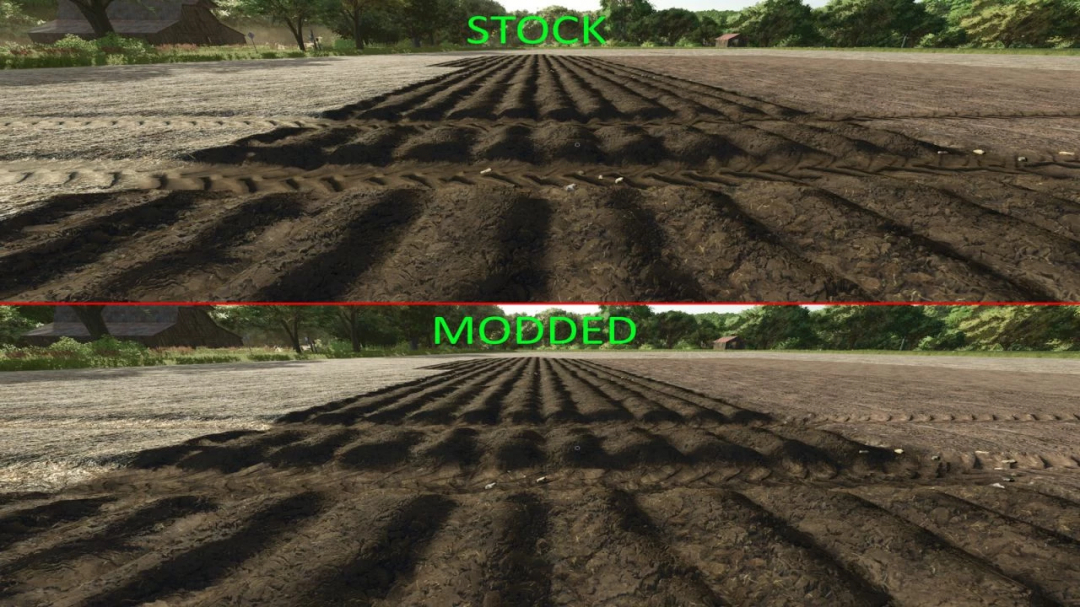 Comparison of ground textures in FS25, showing stock and modded Ground Deformation 2X v1.0.0.1.