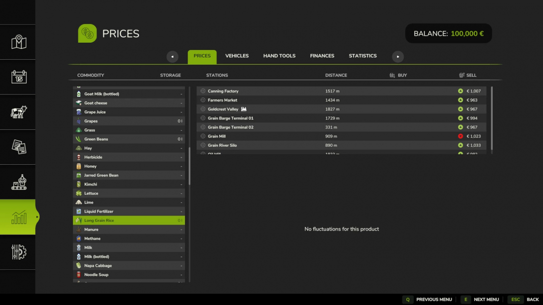 Interface du mod FS25 Guaranteed Crop Prices affichant la liste des produits et les prix.