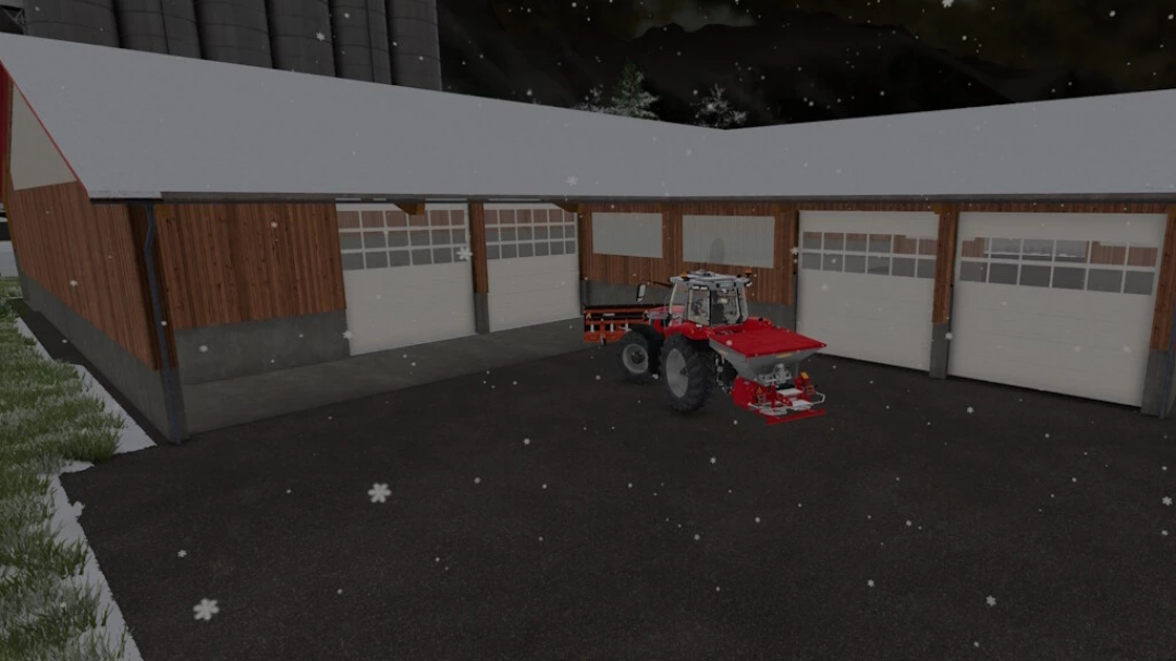 FS25 mods Hall Configurator Wood v1.2.0.0 con tractor en patio de granja nevado.