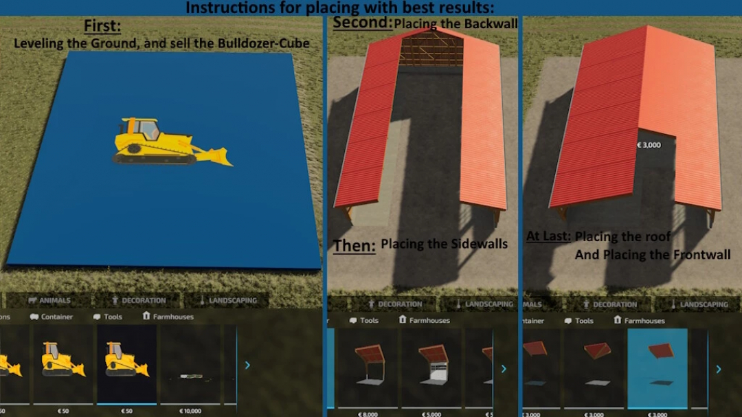 Mod FS25 Hall Configurator Wood v1.2.0.0: instrucciones paso a paso para colocar un pabellón de madera, mostrando bulldozer, muros laterales, techo y pared frontal.