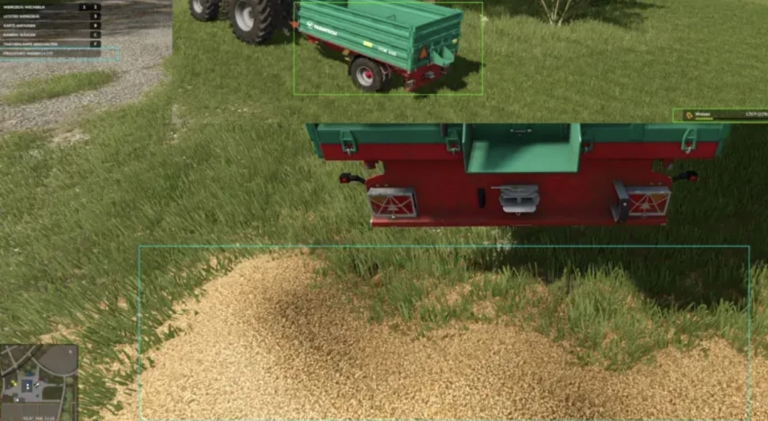 FS25 Heap Preview mod showing grain pile next to a trailer on grass.