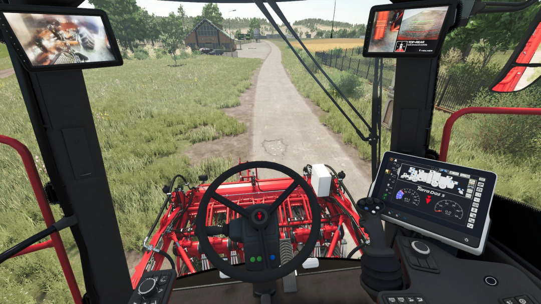 Holmer Terra Dos 5-40 mod in FS25 showing interior cockpit view with controls and monitors.