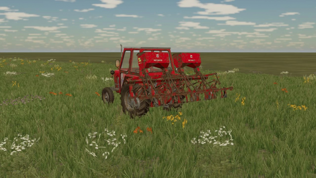 IMT Spartac v1.0.0.0 Mod für FS22, eine rote landwirtschaftliche Maschine auf einer Wiese, Farming Simulator 22 Mods.