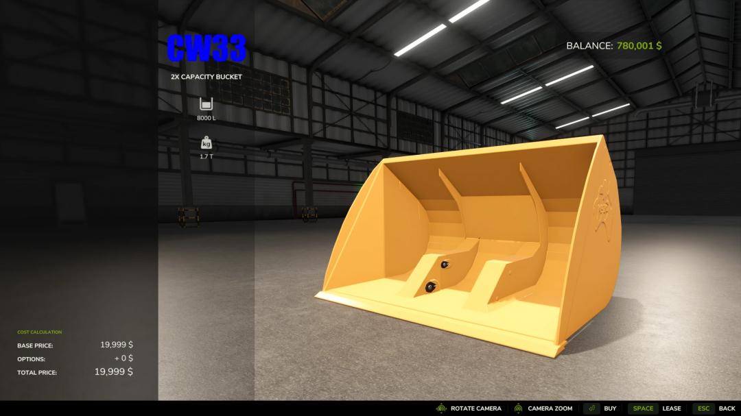 FS25 mod JCB WheelLoader Pack HD by CW33 shown with a large 2X capacity yellow bucket in a warehouse setting.