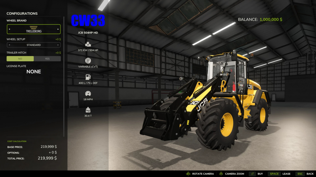 FS25 mods: JCB WheelLoader Pack HD by CW33 in configuration menu displaying wheel options.