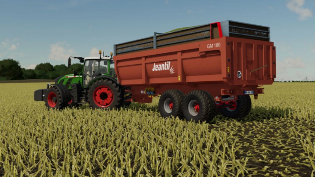 FS22 mod Jeantil GM 180 trailer attached to a tractor in a field, Farming Simulator 22.