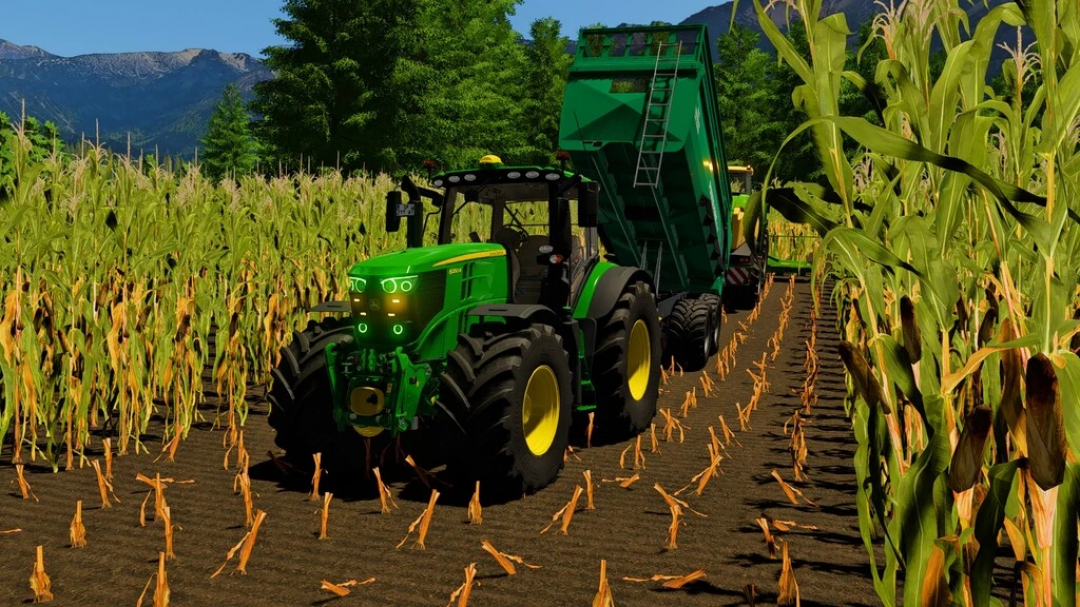 Trattore John Deere 6R Series in un campo di mais, parte dei mod FS22 in Farming Simulator 22.