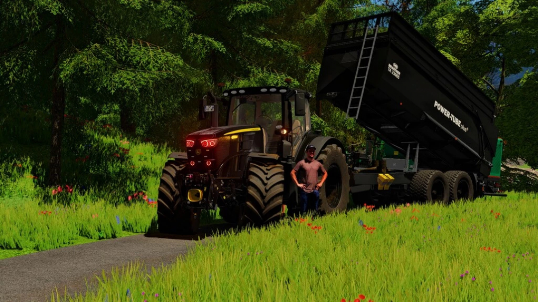 Mods FS22: Trattore John Deere 6R Series con rimorchio Power-Tube in un campo scenico, Farming Simulator 22