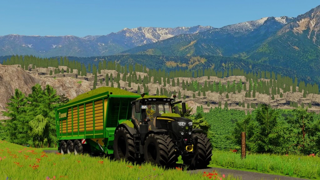 Mod FS22 John Deere 6R Series v1.0.0.1 trattore con rimorchio Krone in un paesaggio montuoso in Farming Simulator 22.