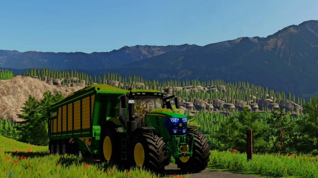 Mod FS22 John Deere 6R Series v1.0.0.1 trattore traina un rimorchio Krone in un paesaggio montano pittoresco.