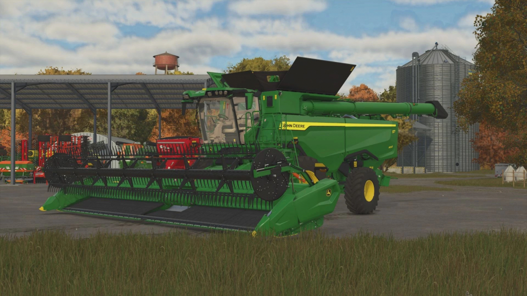 Colheitadeira John Deere S7 mod com configurações de pneus no FS25, v1.2.0.0, em cena de fazenda.