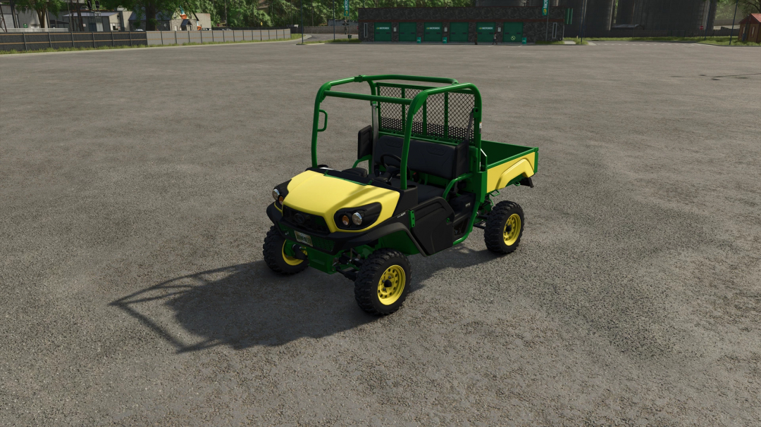 Mod John Deere Sidekick Unreal Capacity en FS25, exhibiendo un vehículo utilitario verde y amarillo en un área abierta.