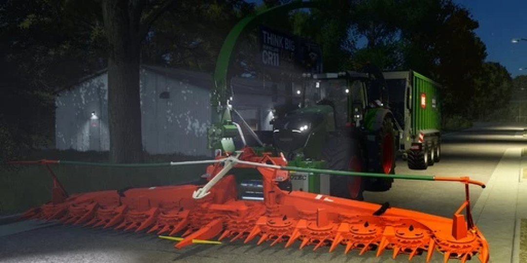 FS25 mod: Kemper cutting unit 6 and 9 meters v1.0.0.0 attached to a tractor at night.