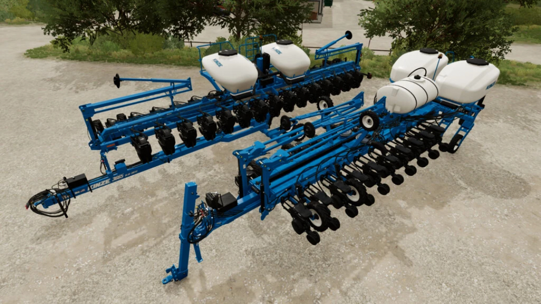 Kinze Multi-Fruit Planter Pack mod for FS22 showcasing blue planters with white tanks, enhancing Farming Simulator 22.