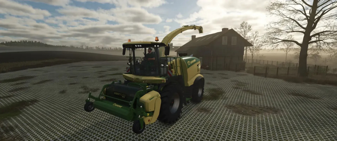 Krone harvester in FS25 mod pack, showcasing agricultural machinery in a rural landscape.