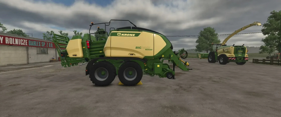 Krone Pack v1.2.0.0 mod in FS25 features agricultural machinery in a farm setting.