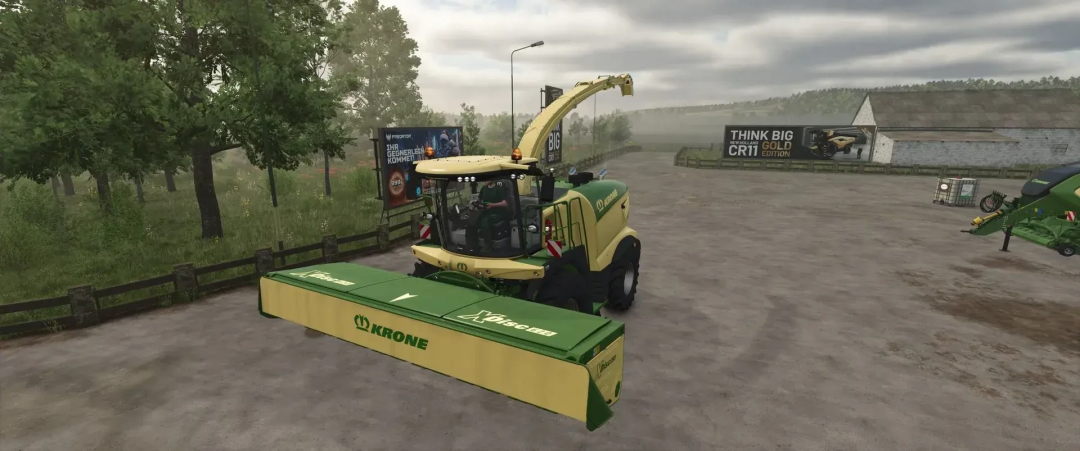 Krone Pack v1.2.0.0 mod in FS25, featuring a Krone harvester in a farm setting.