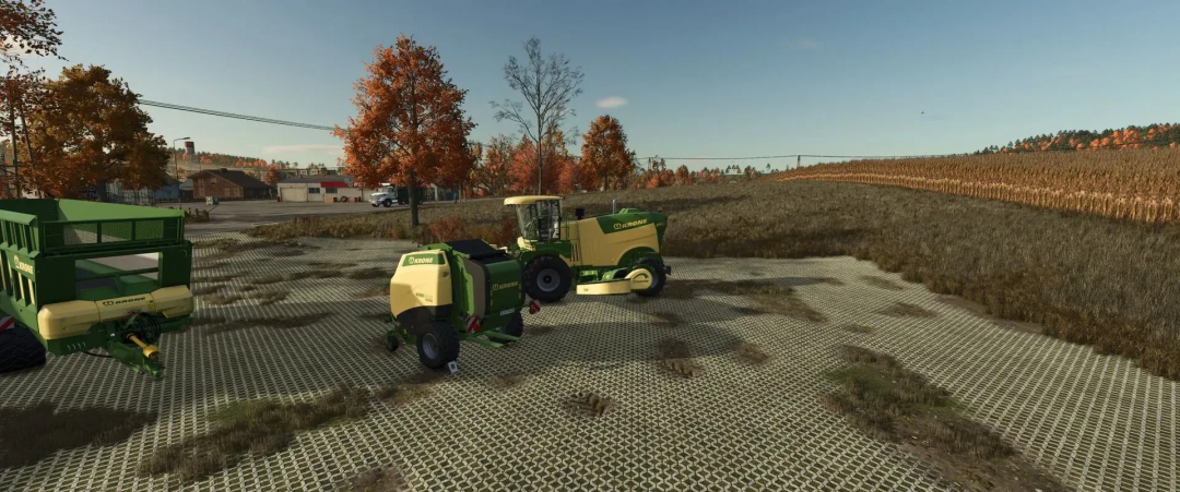 Krone Pack v1.2.0.0 mods for FS25 with green farming equipment in a rural autumn landscape.