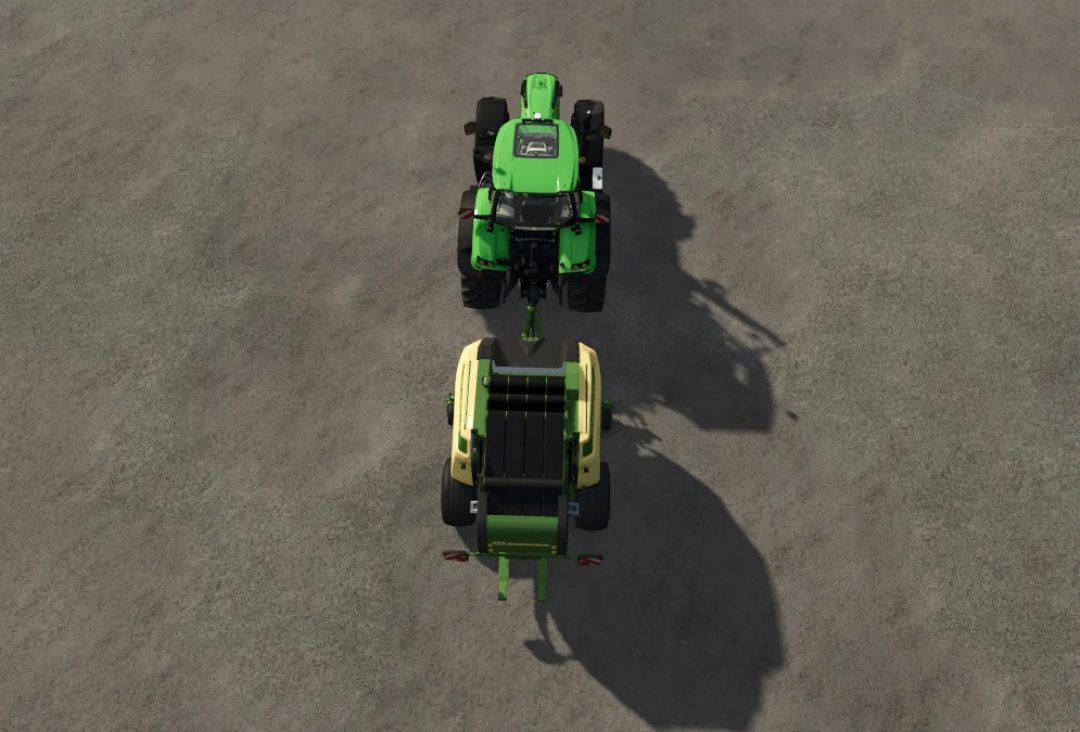 Top view of FS25 mod Krone VariPack V190XC With Floaters attached to a green tractor on a dirt path.