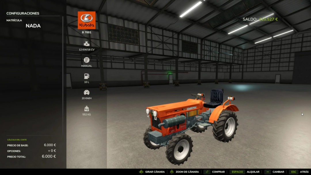 Mod de tractor Kubota B7001 en el garaje FS25, mostrando especificaciones y detalles de costos.