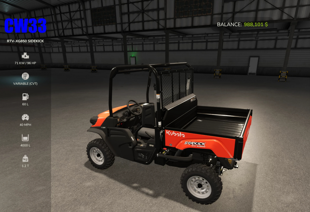 Kubota Sidekick 4000L Unreal Capacity mod in Farming Simulator 25 game environment.