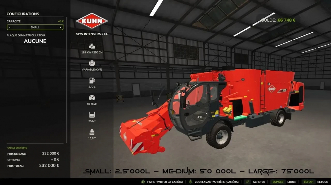 Kuhn TMR Pack v1.0.0.0 mod in FS25, featuring SPW Intense 25.2 CL mixer, displayed in a virtual garage.