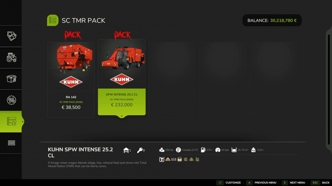 FS25 mods Kuhn TMR Pack v1.0.0.0 display, featuring RA 142 and SPW Intense 25.2 CL forage mixer wagons with prices.