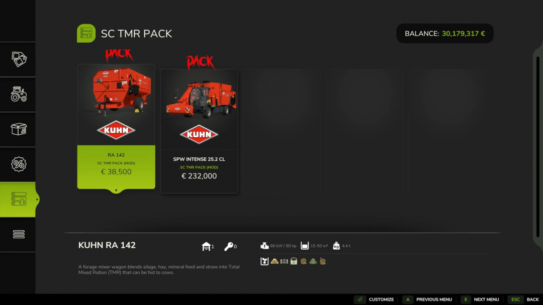 FS25 Kuhn TMR Pack mod menu showing RA 142 and SPW Intense 25.2 CL, priced at €38,500 and €232,000.