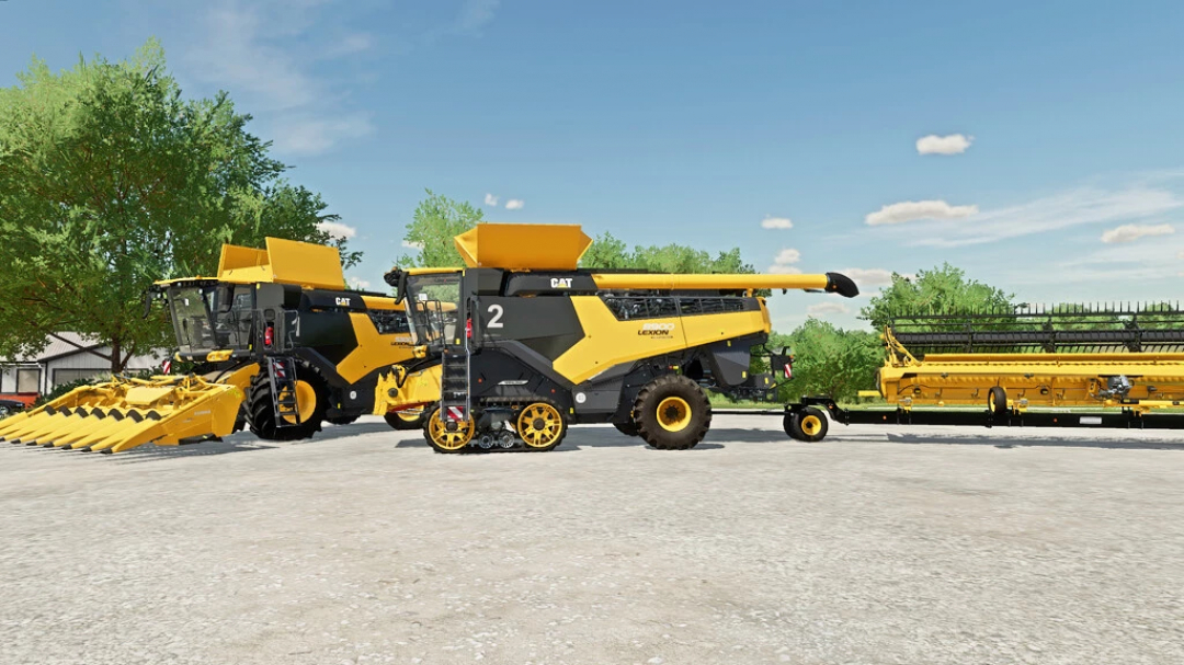 FS22 Mods LEXION Serie 5000-8000 v1.0.0.0, gelbe Erntemaschinen mit Anbaugeräten auf einem Bauernhof unter klarem Himmel.