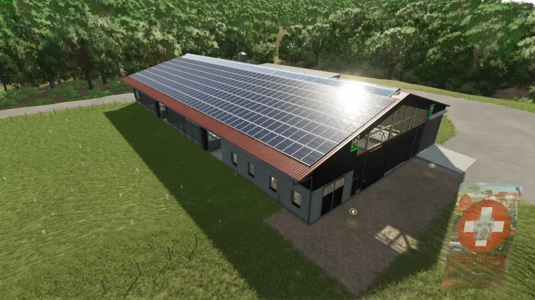 Large cowshed with solar panels in Farming Simulator 25 mod by PBSMods.