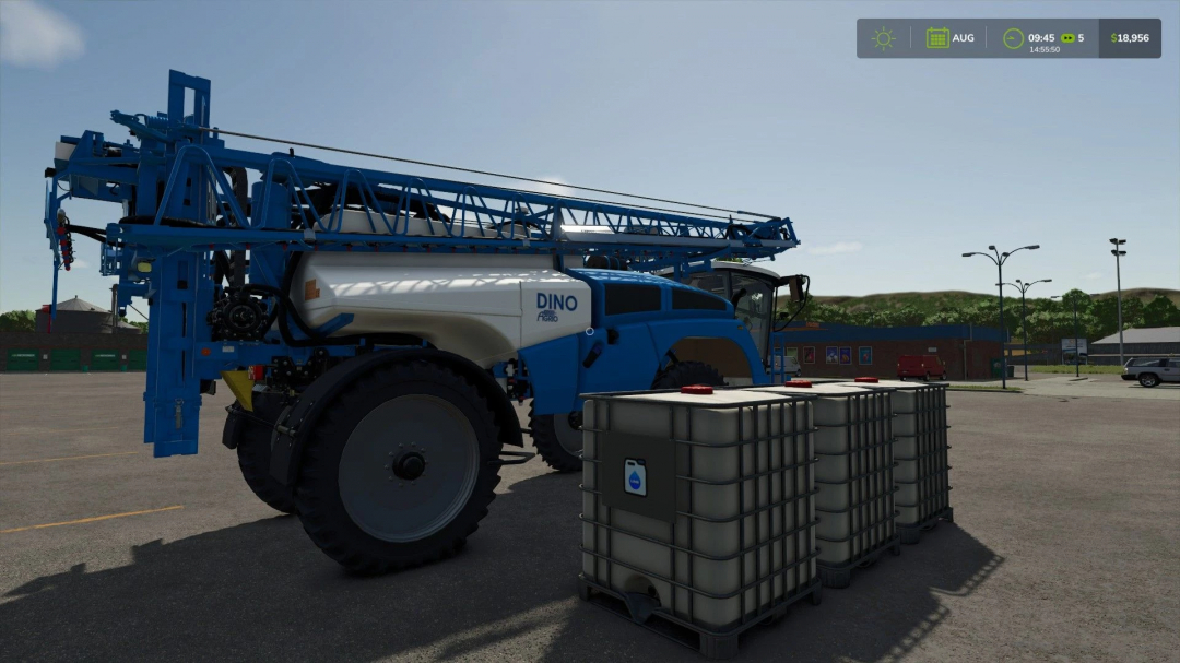 FS25 Liquid Lime v1.0.0.0 mod showing a blue farming sprayer and containers in a lot.