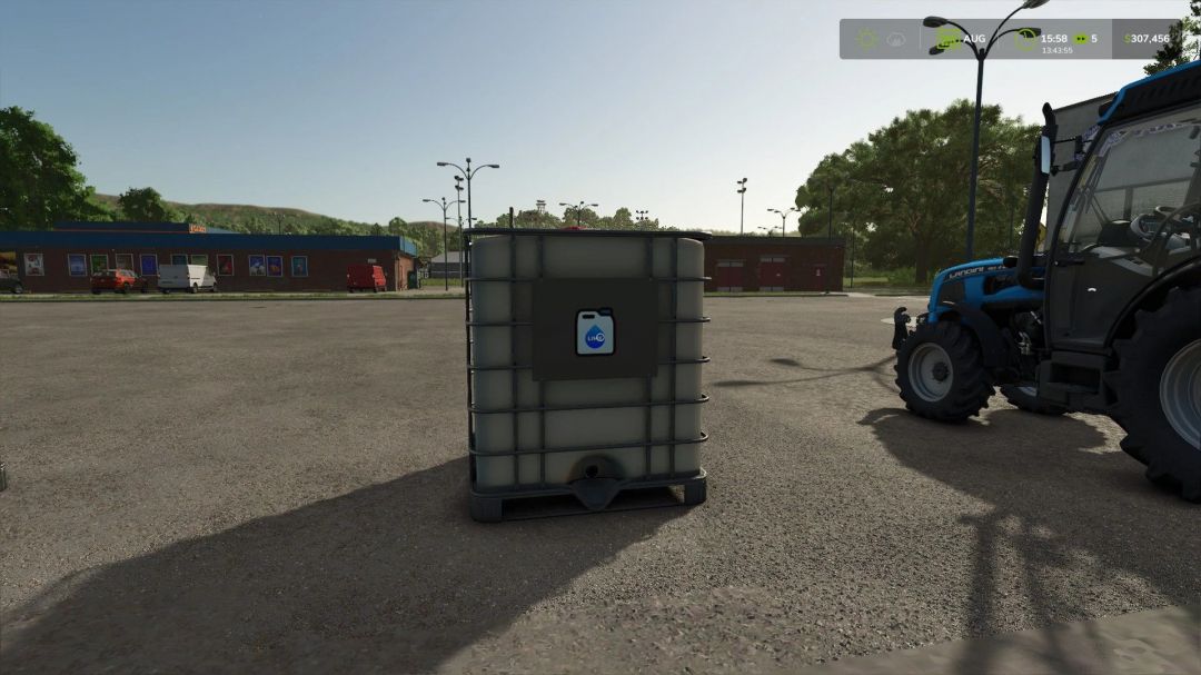 FS25 mod, Liquid Lime v1.0.0.0 container on farm beside tractor, Farming Simulator 25.