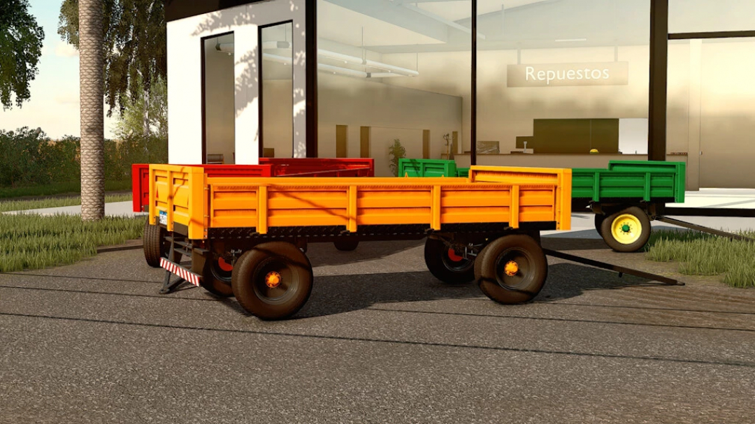 Kleurrijke Lizard 4TT trailers in FS22 buiten een winkel, met levendige oranje, rode en groene ontwerpen.