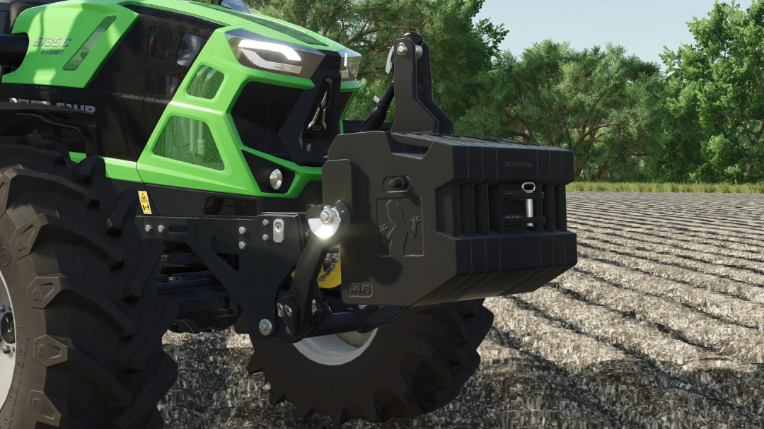 FS25 mod Lizard CSW Weights v1.0.0.0 on green tractor, enhancing stability on a plowed field.