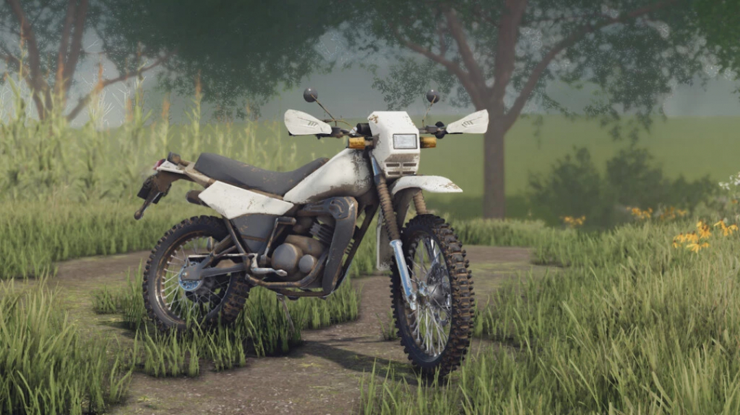 Mod Lizard DT 125 1990 no FS22, apresentando uma moto em um caminho gramado, ideal para os entusiastas de Farming Simulator 22.