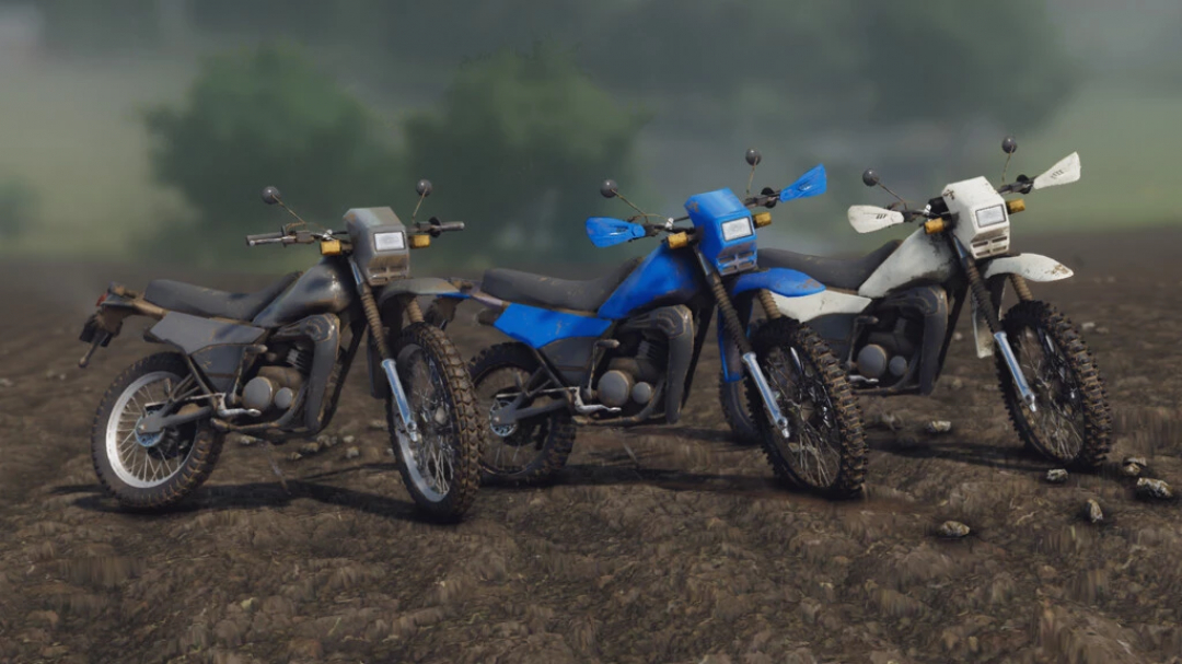 Três motos Lizard DT 125 em preto, azul e branco para mods FS22, em um campo no Farming Simulator 22.