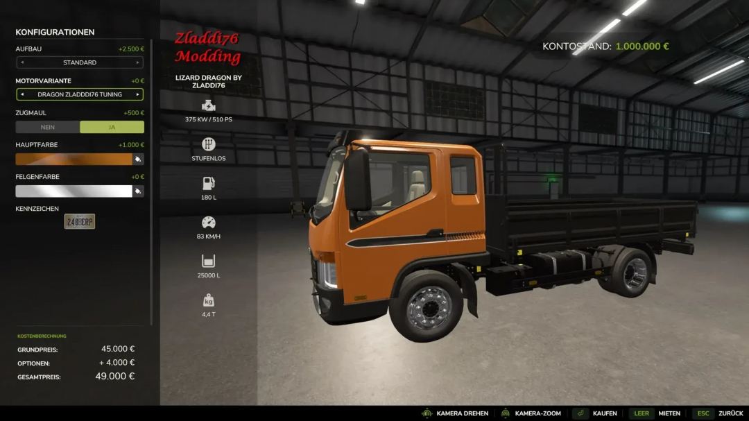 FS25-Mods Lizard Dragon v1.0.0.0 Lkw-Konfiguration im Farming Simulator 25-Spielinterface, zeigt Zladdi76 Modding-Optionen.